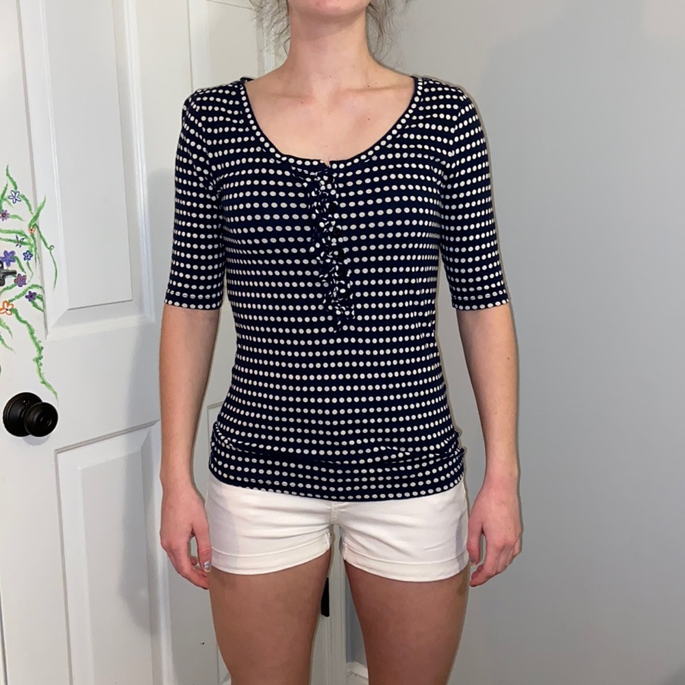 Polka dot navy and white quarter sleeve shirt